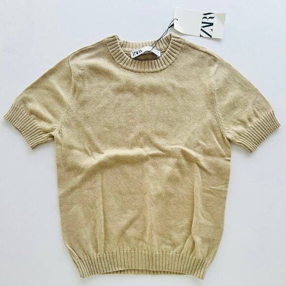 Zara Cotton Wool Short Sleeve Crop Sweater Size Small NEW Oat Cream Tan - Picture 1 of 4